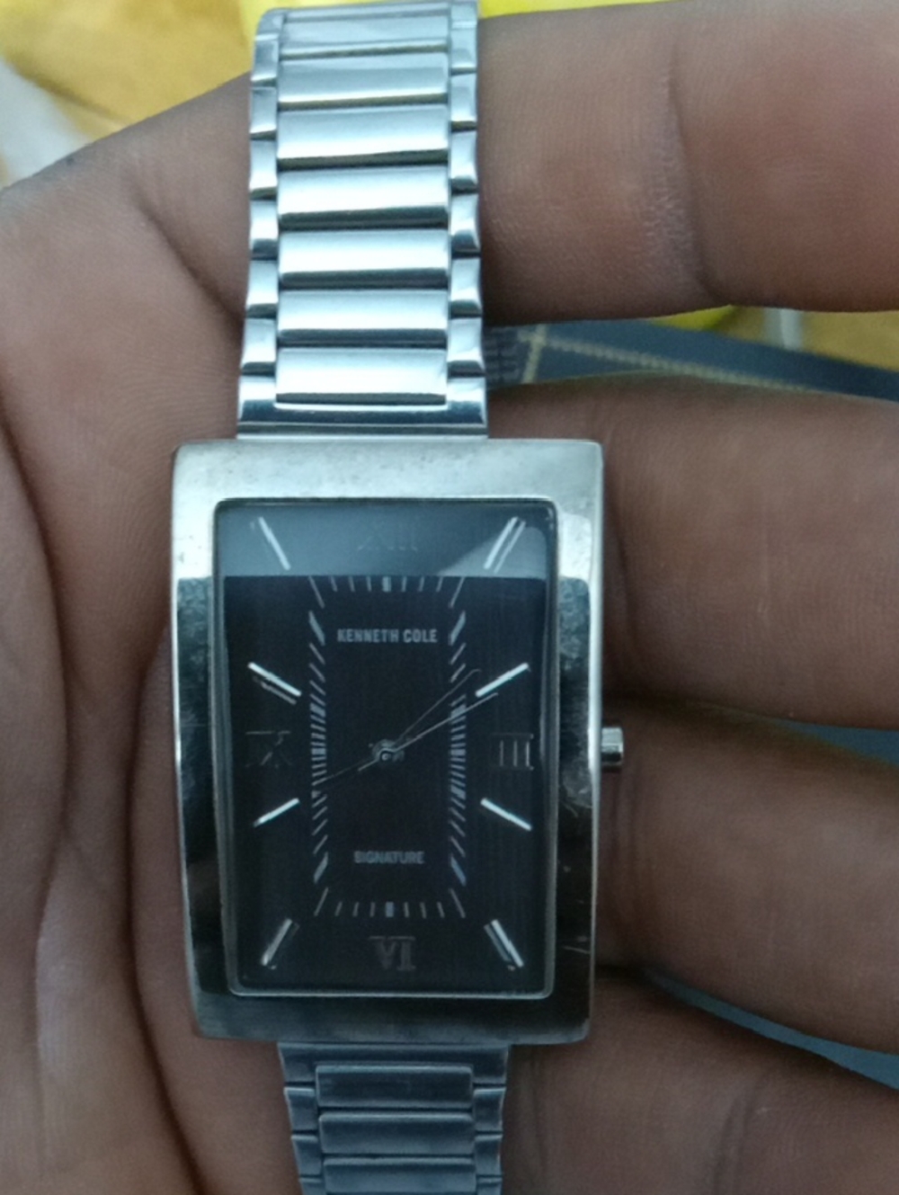 Kenneth Cole Silver Stainless Steel Rectangle Watch with Charcoal Black Dial
